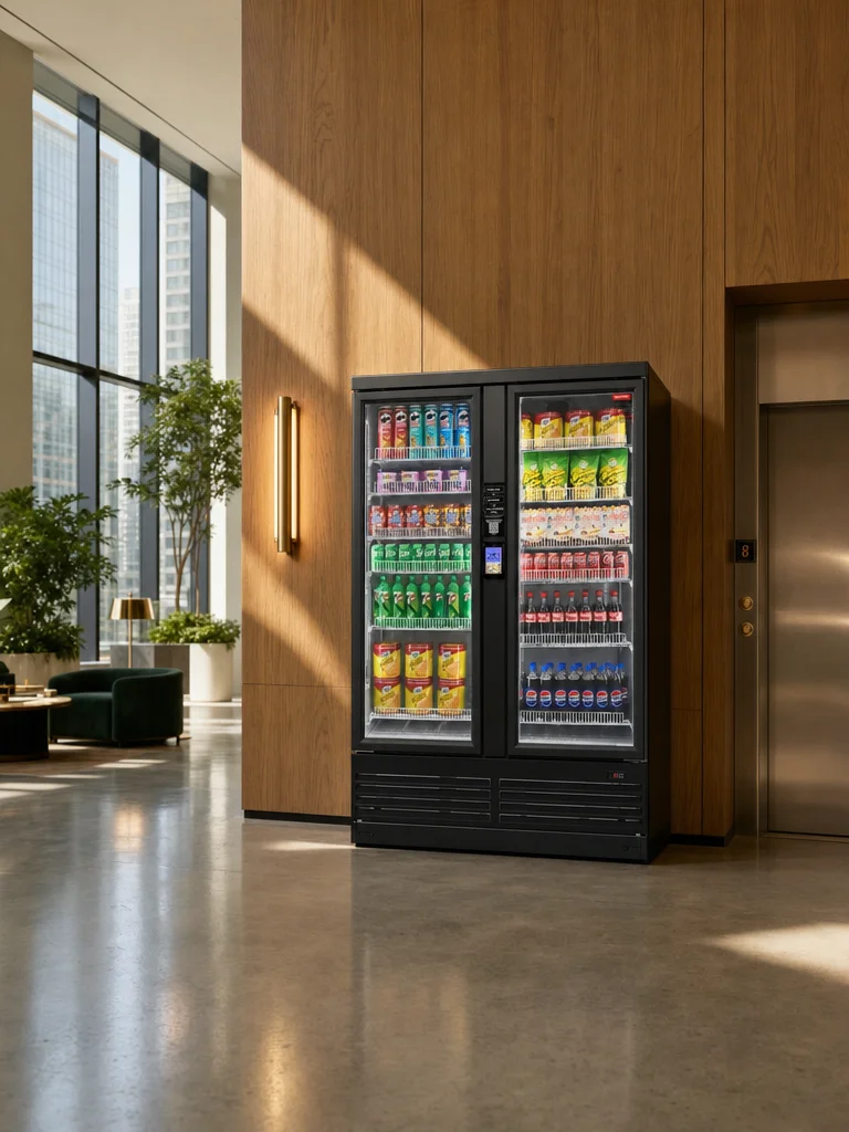 Double-door AI smart combo store placed in a sunlit Vancouver office tower lobby