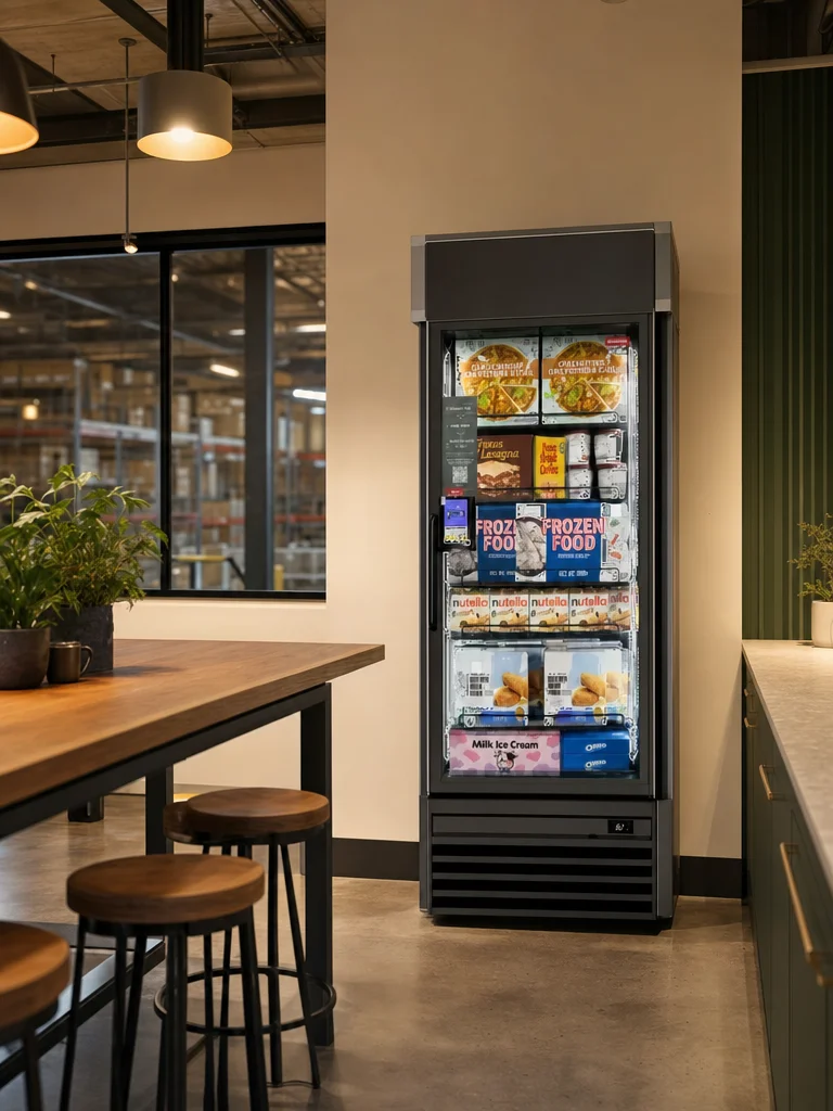 AI smart freezer stocked with frozen meals and ice cream in a warm break room